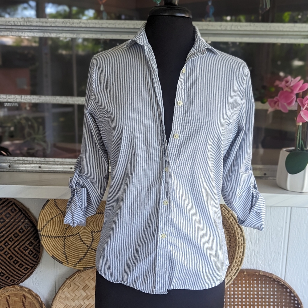 Peter Millar Blue and White Striped Button-Down Shirt